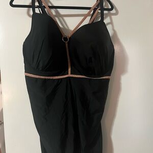 Cacique Strappy Tankini Swim Swimsuit Top Black Gold Size 40H